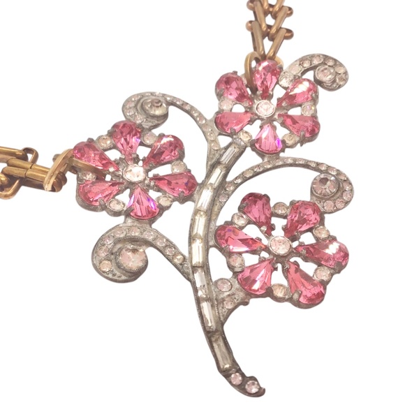 Vintage Pink Rhinestone Flower Necklace, Art Deco Floral Statement Jewelry - Picture 3 of 16